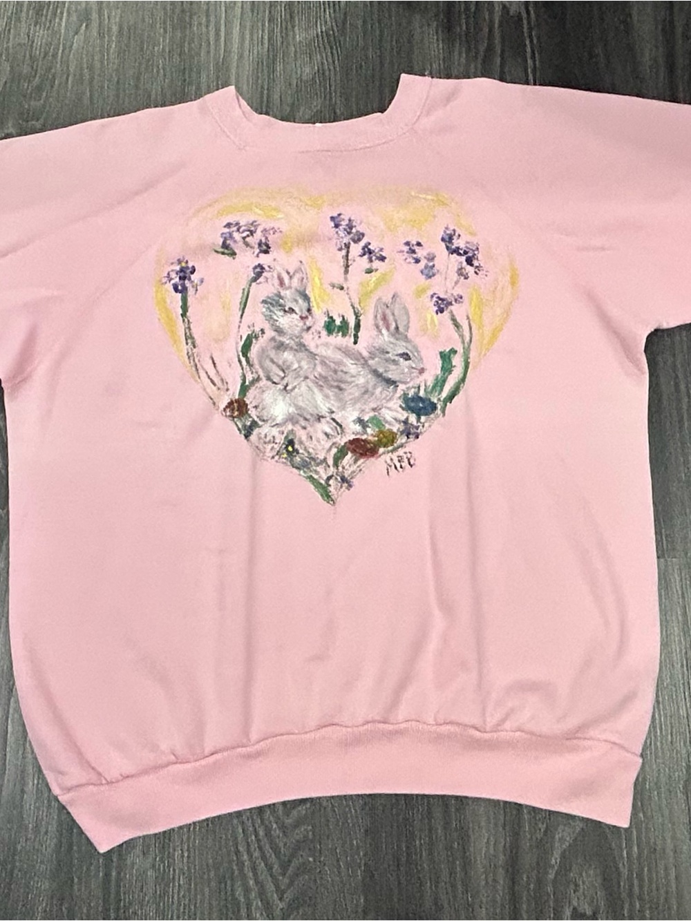 Vintage Hand Painted Pink Bunny Heart Graphic Top Super Soft S/M